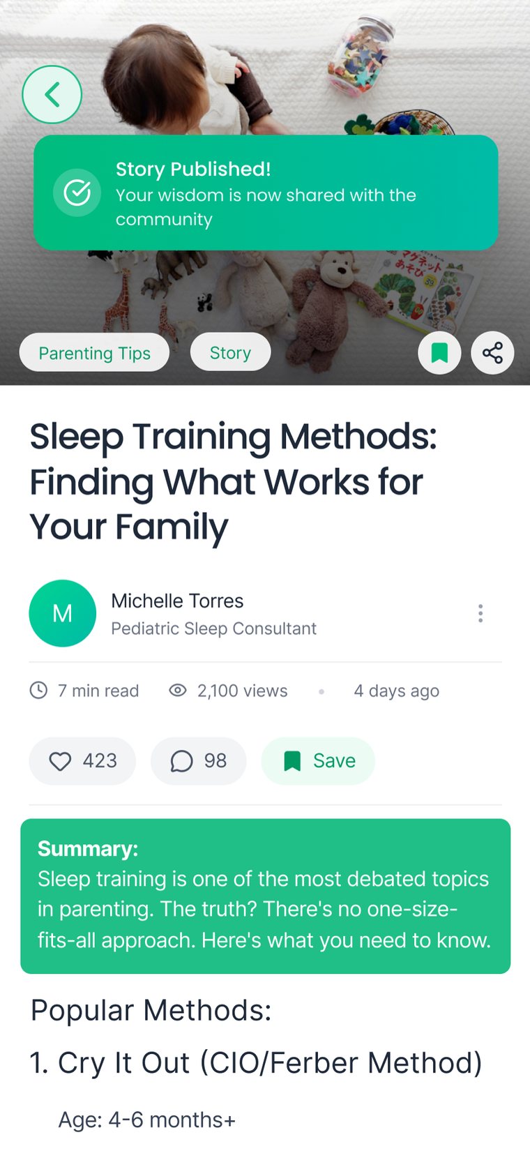 An article in the Haven app about sleep training methods, written by a paediatric sleep consultant.