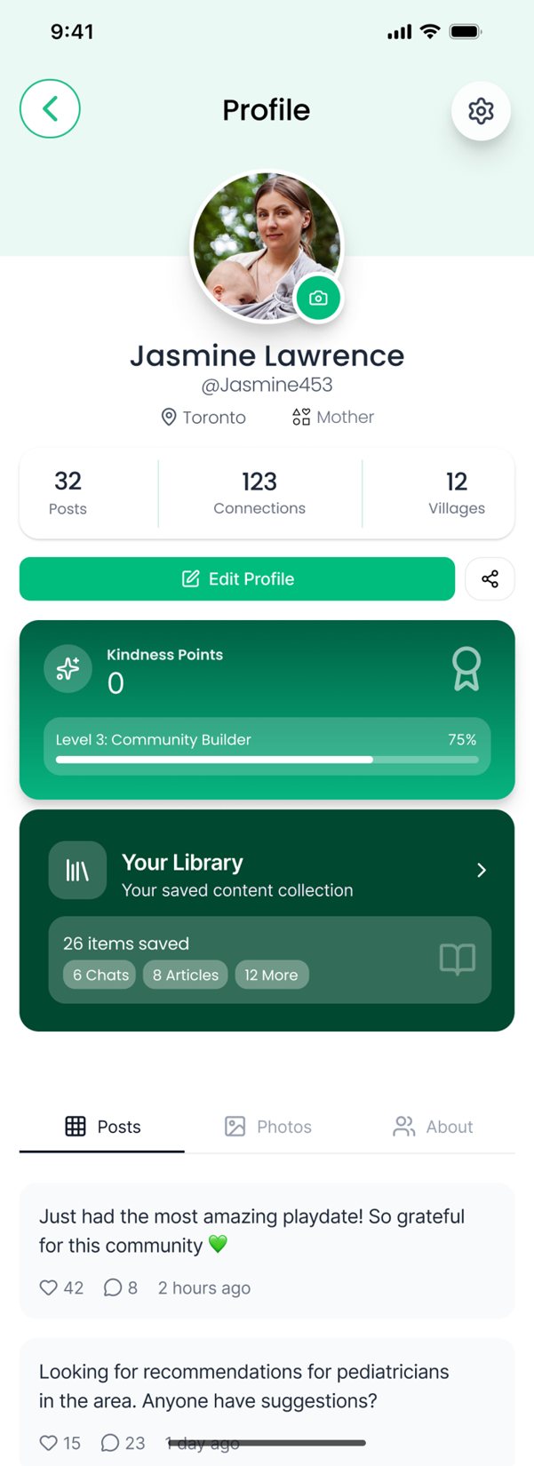 A Haven profile showing Kindness Points and Your Library.