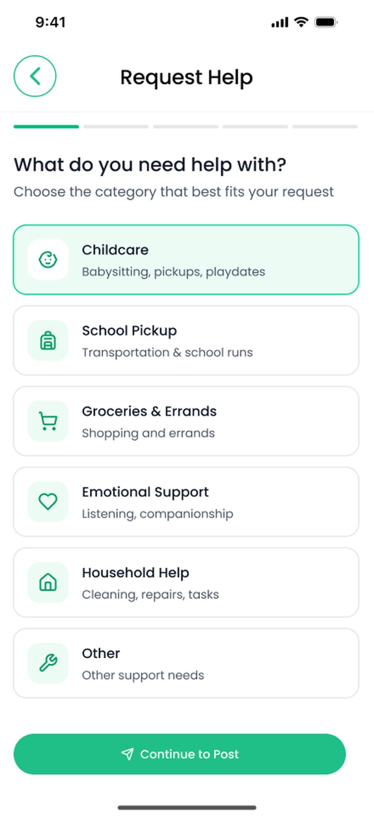 Requesting help in the Haven app: childcare, school pickup, groceries, emotional support.