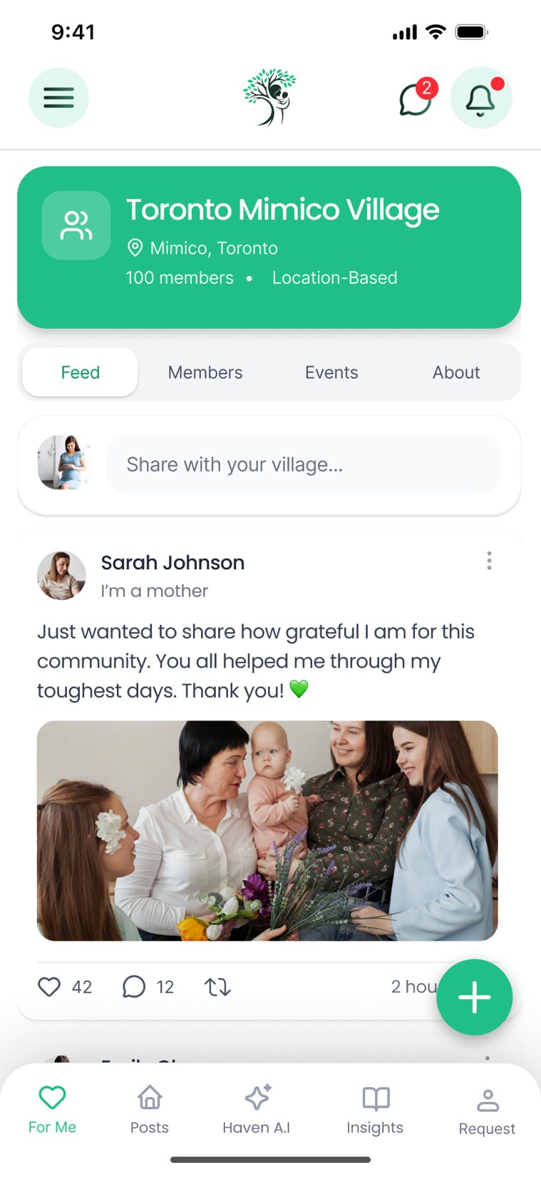 A village page in the Haven app with feed, members, events and about tabs.